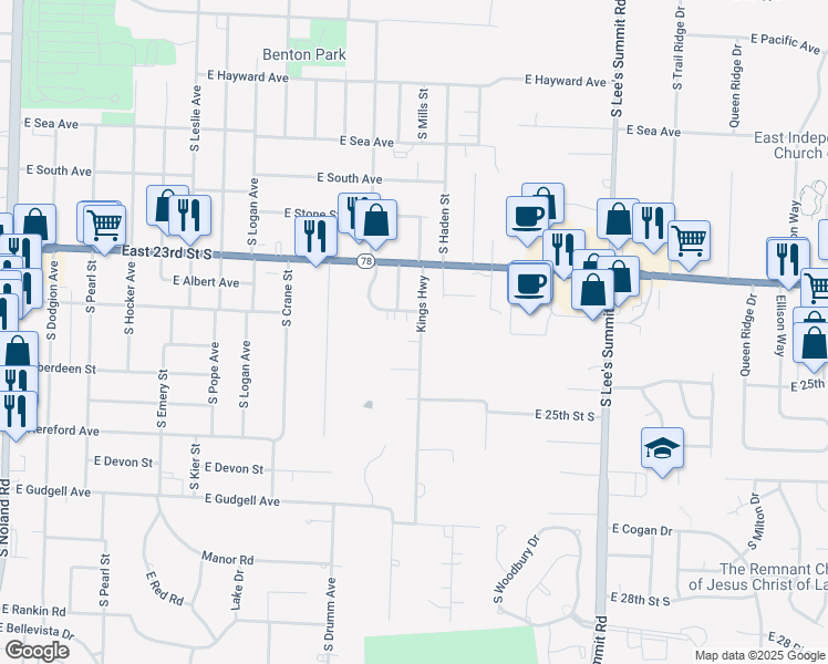 map of restaurants, bars, coffee shops, grocery stores, and more near 1322 Kings Highway in Independence
