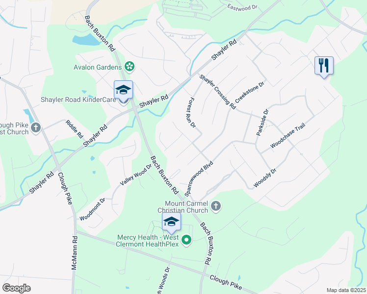 map of restaurants, bars, coffee shops, grocery stores, and more near 1127 Forest Run Drive in Batavia