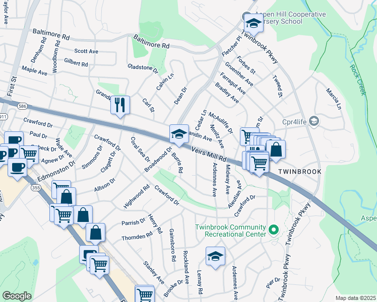 map of restaurants, bars, coffee shops, grocery stores, and more near 1611 Veirs Mill Road in Rockville