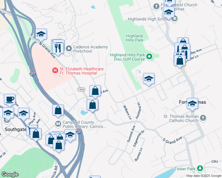 map of restaurants, bars, coffee shops, grocery stores, and more near 555 Highland Ave in Fort Thomas