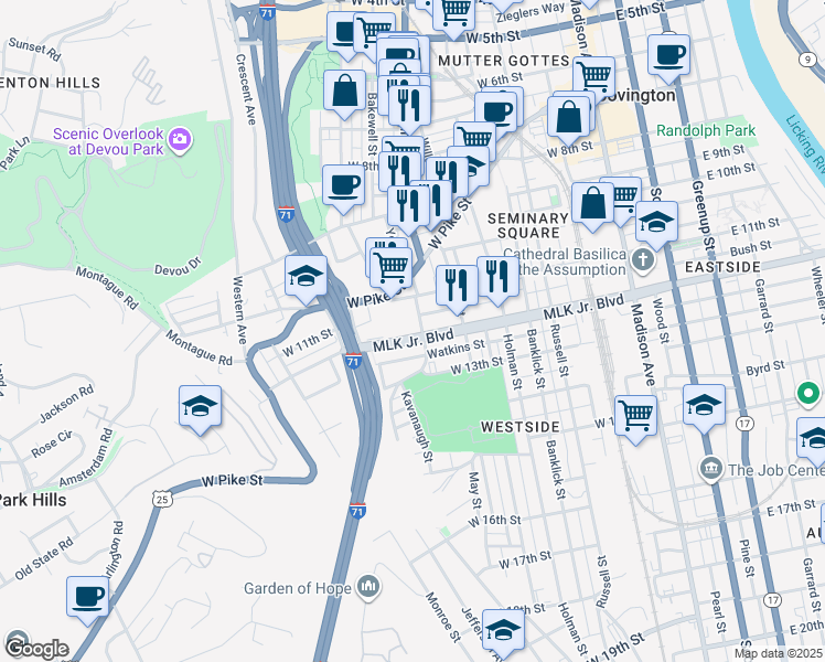 map of restaurants, bars, coffee shops, grocery stores, and more near 512 Martin Luther King Jr. Boulevard in Covington