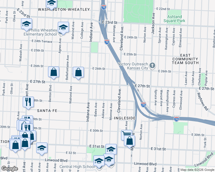 map of restaurants, bars, coffee shops, grocery stores, and more near 3609 East 27th Street in Kansas City