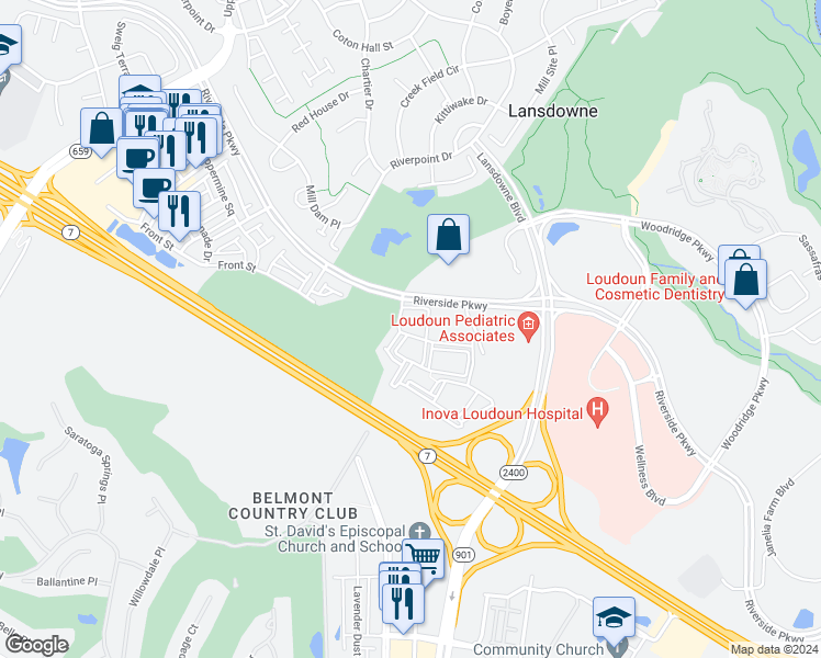 map of restaurants, bars, coffee shops, grocery stores, and more near 43810 Heatherstone Terrace in Leesburg