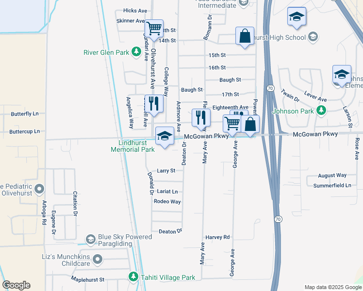 map of restaurants, bars, coffee shops, grocery stores, and more near 4230 Deaton Drive in Olivehurst