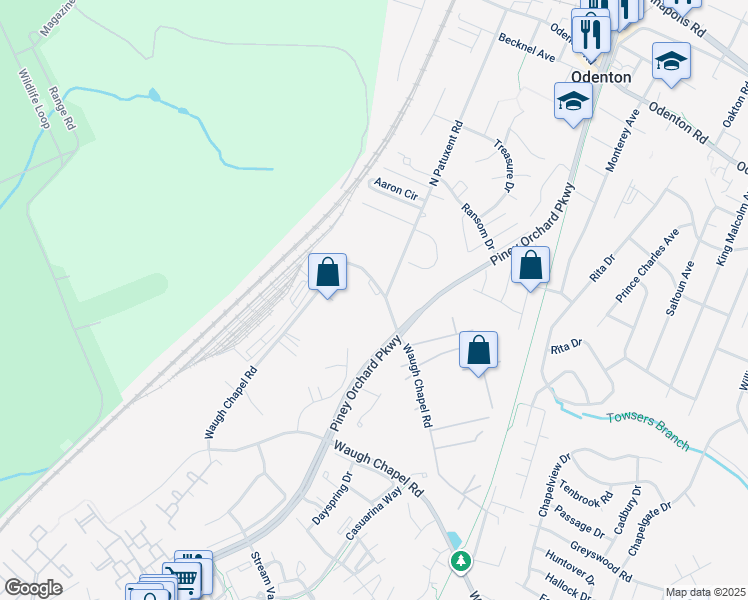 map of restaurants, bars, coffee shops, grocery stores, and more near 608 Old Waugh Chapel Road in Odenton