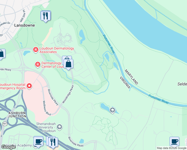 map of restaurants, bars, coffee shops, grocery stores, and more near 19462 Sassafras Ridge Terrace in Leesburg