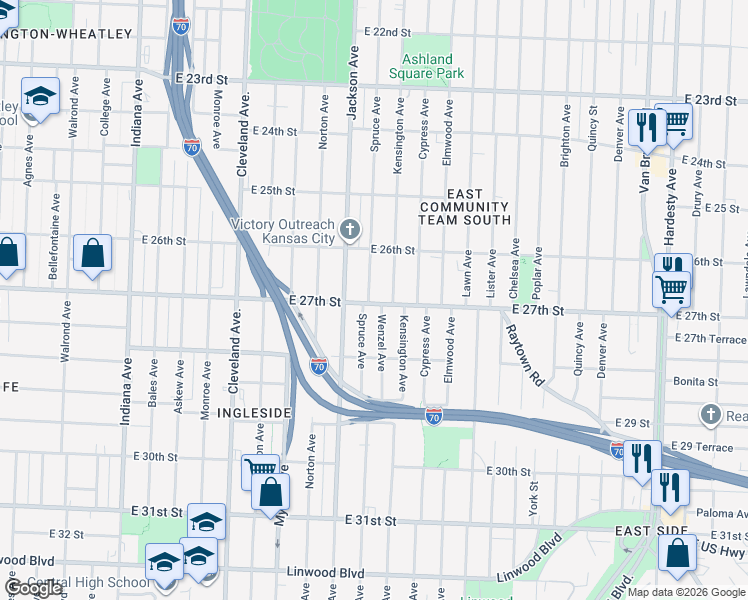map of restaurants, bars, coffee shops, grocery stores, and more near 2645 Spruce Avenue in Kansas City