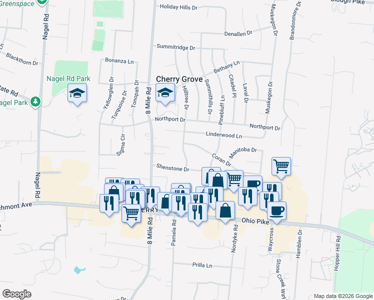 map of restaurants, bars, coffee shops, grocery stores, and more near 1442 Hilltree Drive in Cincinnati