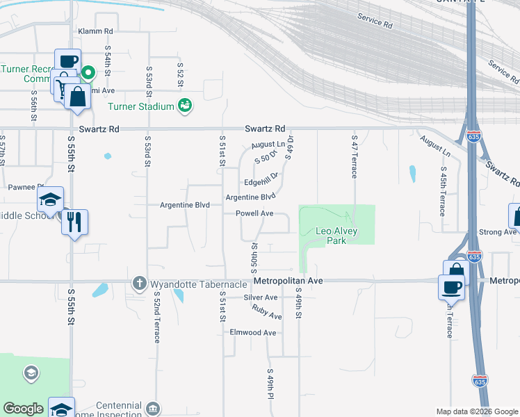 map of restaurants, bars, coffee shops, grocery stores, and more near 5006 Powell Avenue in Kansas City