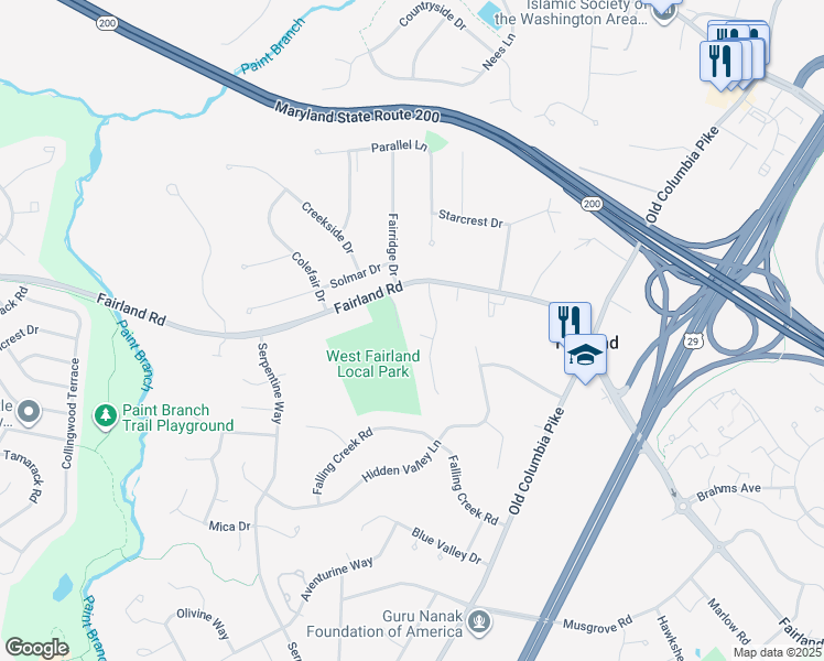 map of restaurants, bars, coffee shops, grocery stores, and more near 5 Fairland Park Court in Silver Spring