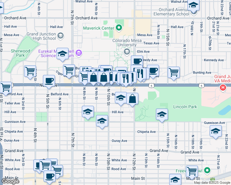 map of restaurants, bars, coffee shops, grocery stores, and more near 1036 Belford Avenue in Grand Junction
