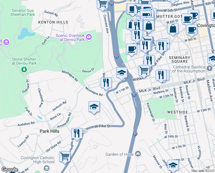 map of restaurants, bars, coffee shops, grocery stores, and more near 727 Lewis Street in Covington