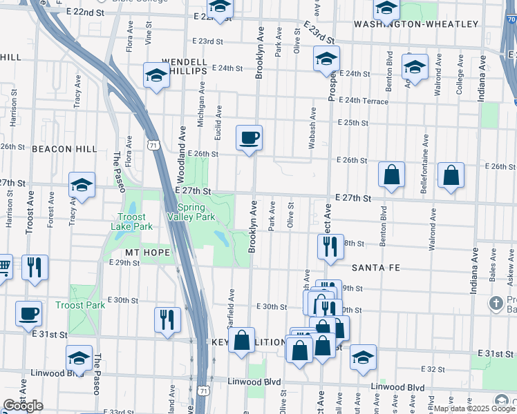 map of restaurants, bars, coffee shops, grocery stores, and more near 2721 Brooklyn Avenue in Kansas City