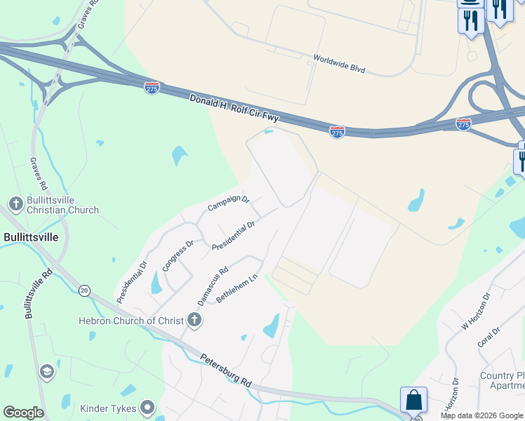 map of restaurants, bars, coffee shops, grocery stores, and more near 2702 Presidential Drive in Hebron