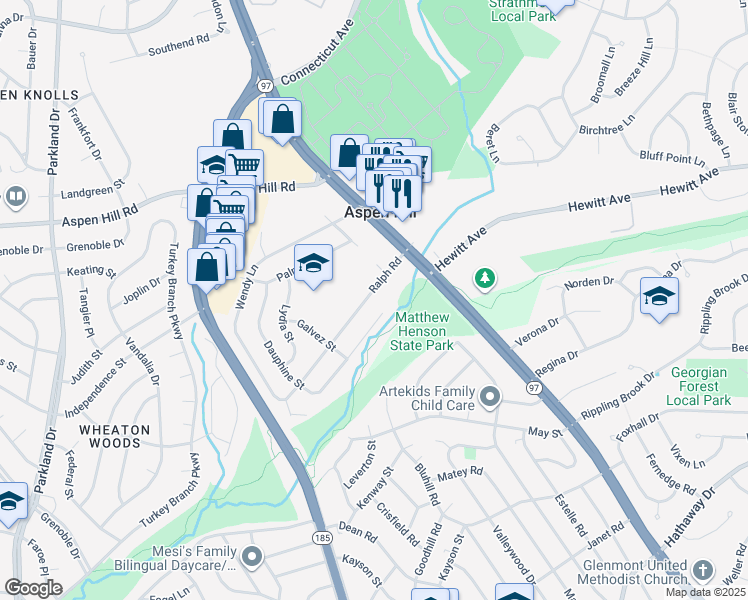 map of restaurants, bars, coffee shops, grocery stores, and more near 3700 Ralph Road in Silver Spring