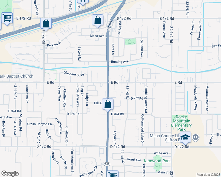 map of restaurants, bars, coffee shops, grocery stores, and more near 494 32 Road in Clifton