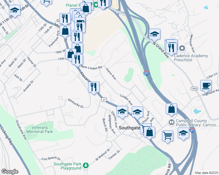 map of restaurants, bars, coffee shops, grocery stores, and more near 373 Linden Avenue in Southgate