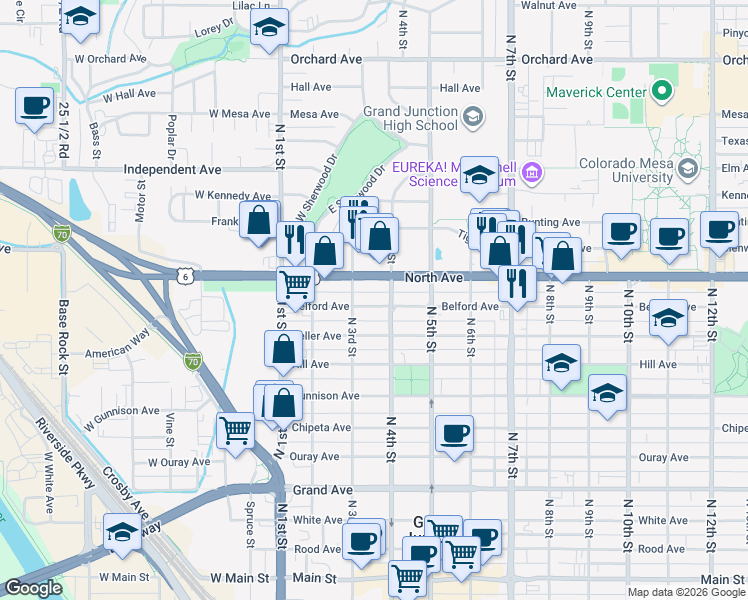 map of restaurants, bars, coffee shops, grocery stores, and more near 336 Belford Avenue in Grand Junction