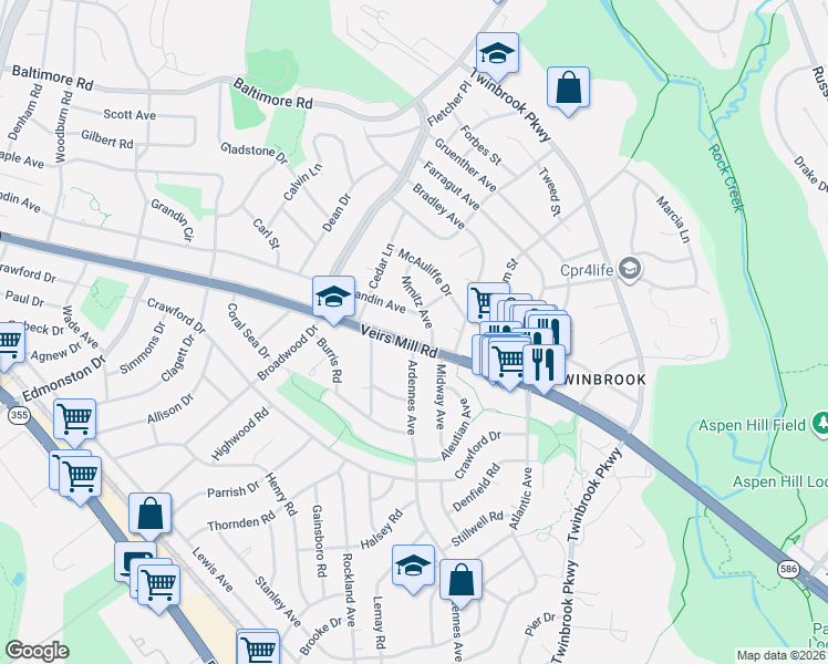 map of restaurants, bars, coffee shops, grocery stores, and more near 1722 Veirs Mill Rd in Rockville