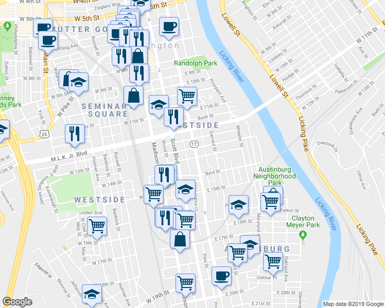 map of restaurants, bars, coffee shops, grocery stores, and more near 124 Pleasant Street in Covington