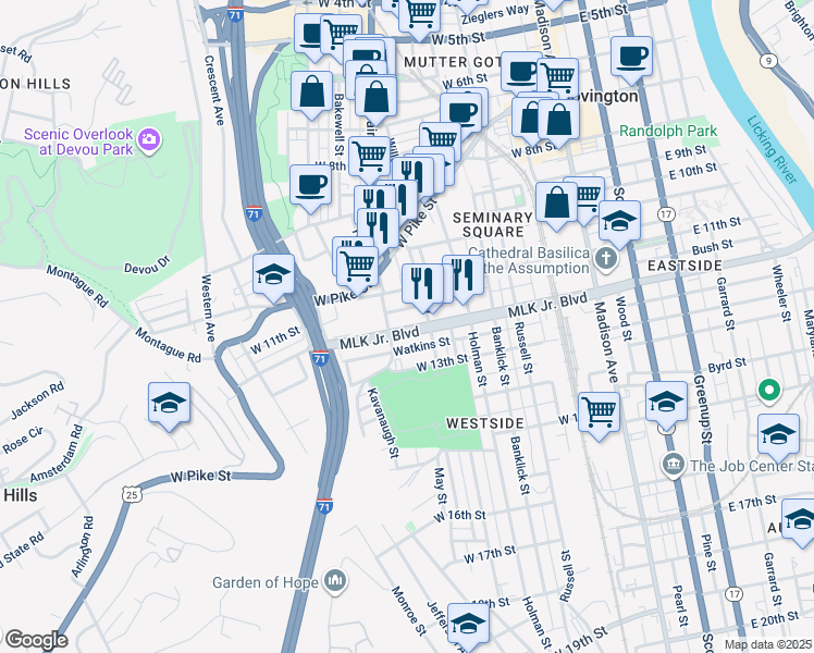 map of restaurants, bars, coffee shops, grocery stores, and more near 416 West 12th Street in Covington