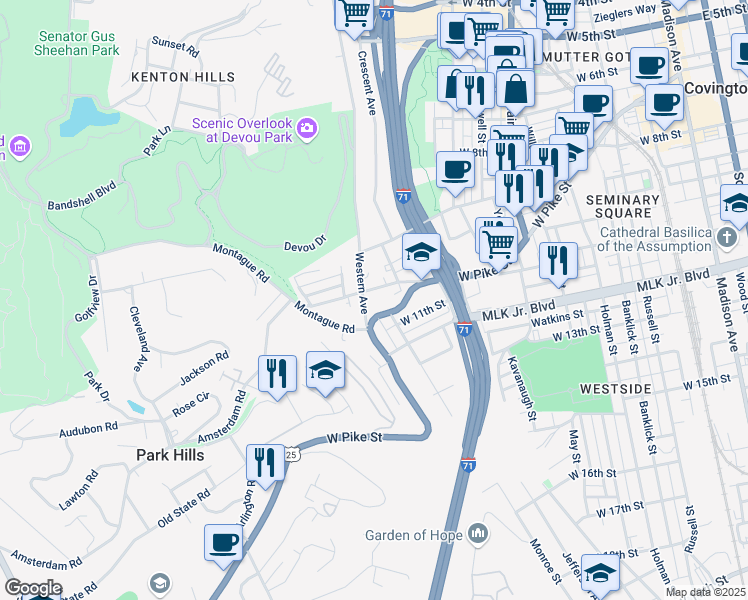 map of restaurants, bars, coffee shops, grocery stores, and more near 727 Lewis Street in Covington