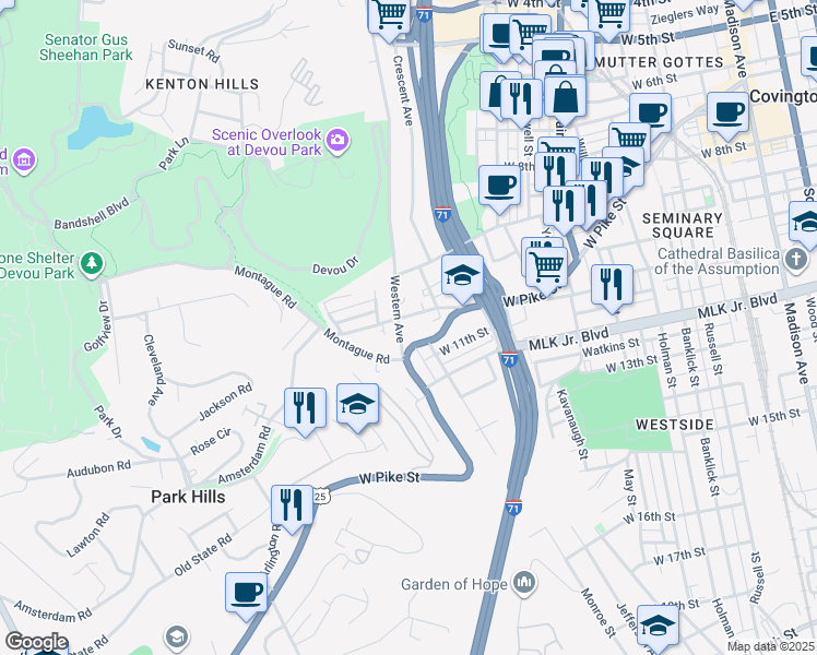 map of restaurants, bars, coffee shops, grocery stores, and more near 727 Lewis Street in Covington