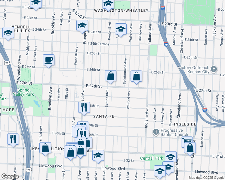 map of restaurants, bars, coffee shops, grocery stores, and more near 2911 East 27th Street in Kansas City