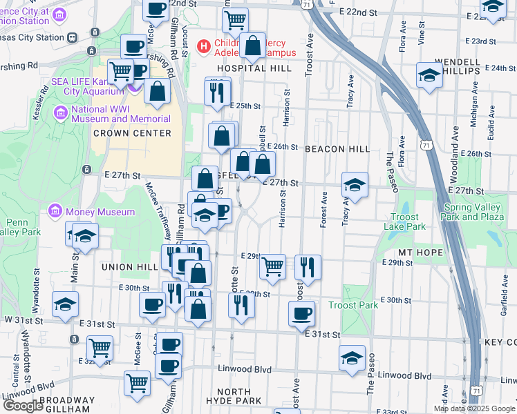 map of restaurants, bars, coffee shops, grocery stores, and more near 2729 Campbell Street in Kansas City