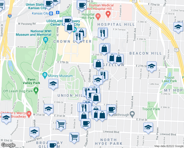 map of restaurants, bars, coffee shops, grocery stores, and more near 2734 Cherry Street in Kansas City