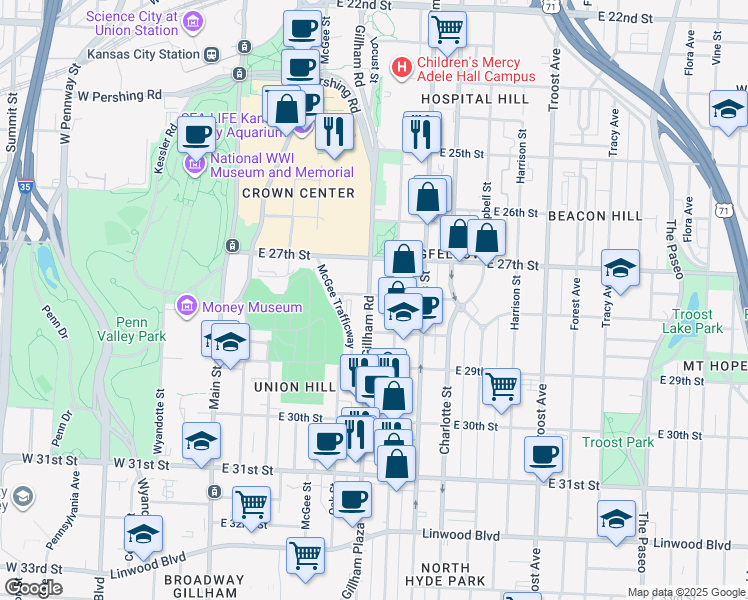 map of restaurants, bars, coffee shops, grocery stores, and more near 2734 Cherry Street in Kansas City
