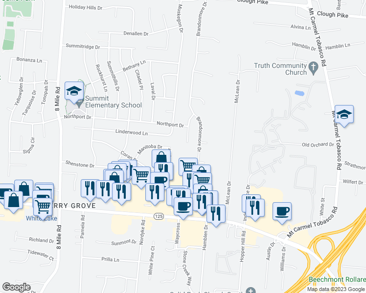map of restaurants, bars, coffee shops, grocery stores, and more near 430 Birchwood Drive in Cincinnati