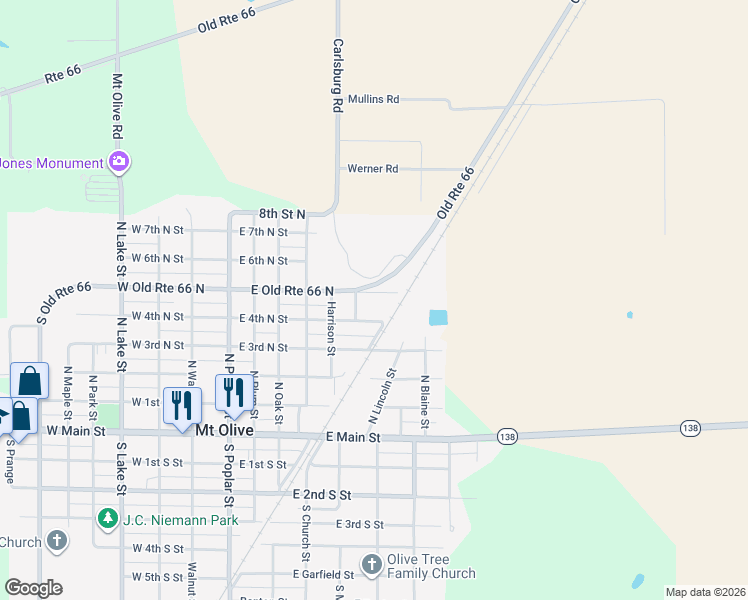map of restaurants, bars, coffee shops, grocery stores, and more near 600 East Old Route 66 North in Mount Olive