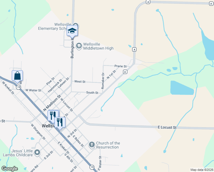map of restaurants, bars, coffee shops, grocery stores, and more near 609 North 2nd Street in Wellsville
