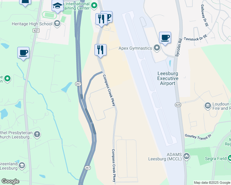 map of restaurants, bars, coffee shops, grocery stores, and more near 19540 Compass Creek Parkway in Leesburg