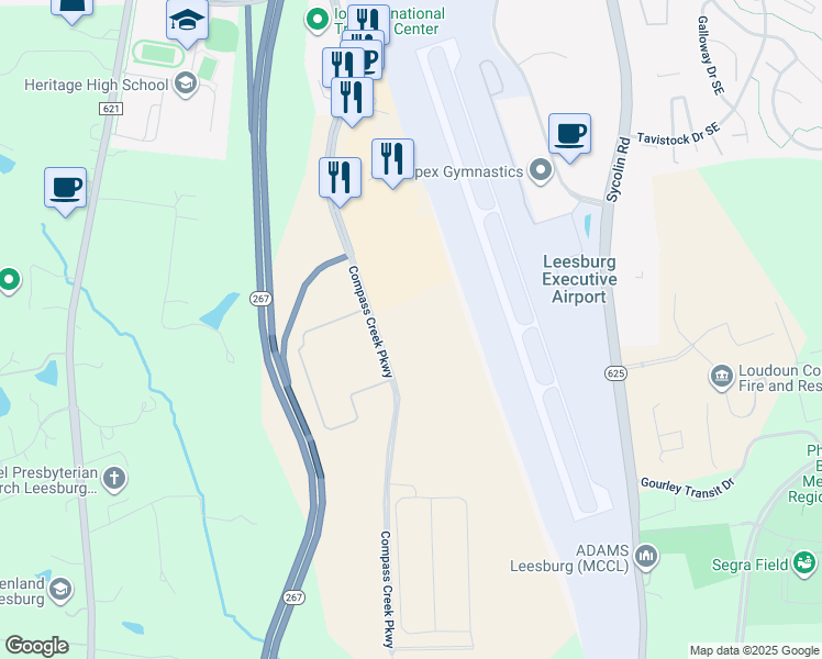 map of restaurants, bars, coffee shops, grocery stores, and more near 19540 Compass Creek Parkway in Leesburg