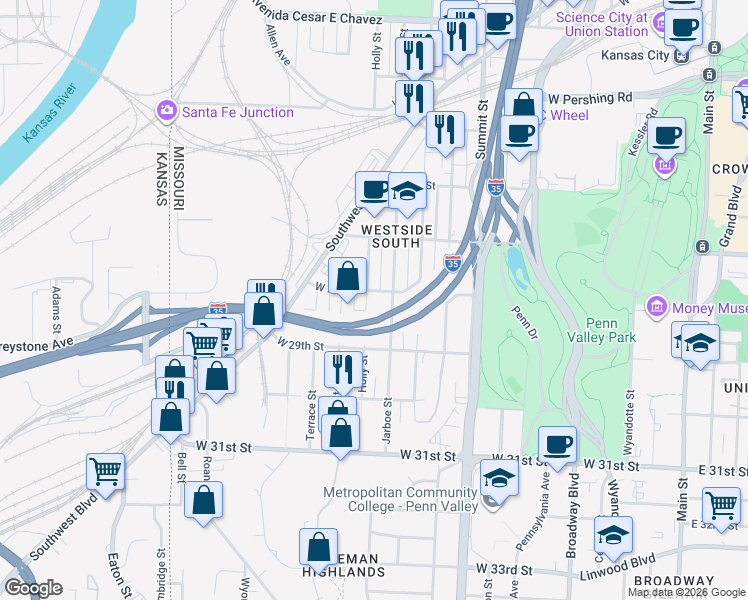 map of restaurants, bars, coffee shops, grocery stores, and more near 2812 Holly Street in Kansas City
