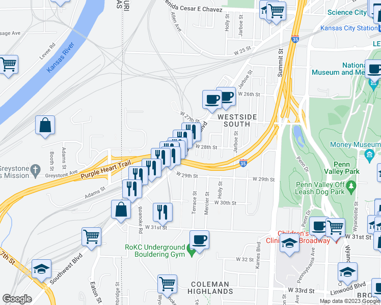 map of restaurants, bars, coffee shops, grocery stores, and more near 2811 Southwest Blvd in Kansas City