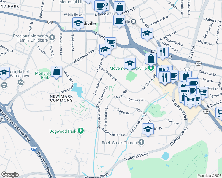 map of restaurants, bars, coffee shops, grocery stores, and more near 601 Harrington Road in Rockville