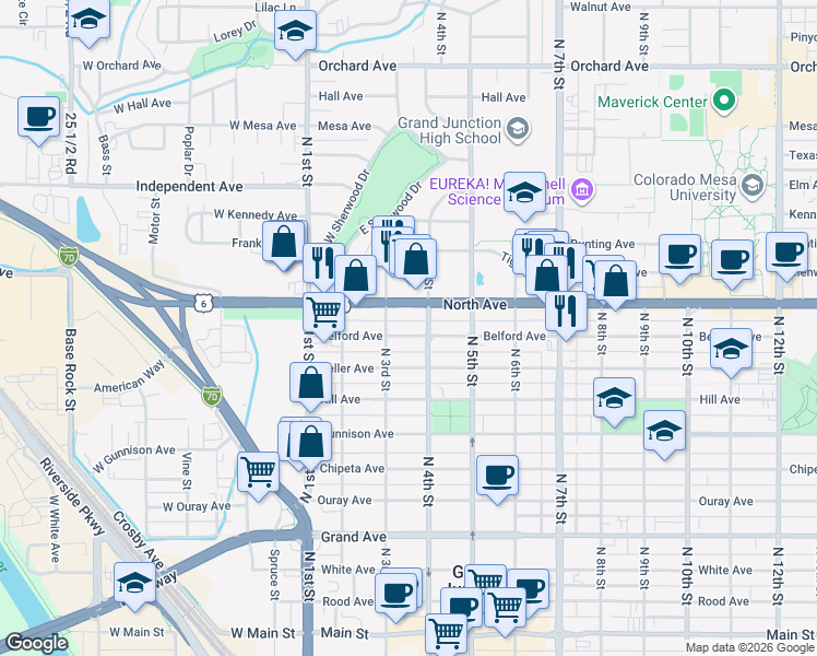 map of restaurants, bars, coffee shops, grocery stores, and more near 336 Belford Avenue in Grand Junction