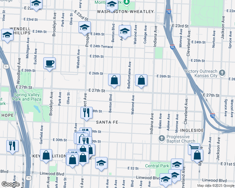 map of restaurants, bars, coffee shops, grocery stores, and more near 2911 East 27th Street in Kansas City
