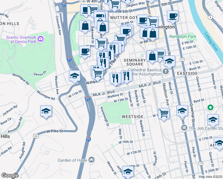 map of restaurants, bars, coffee shops, grocery stores, and more near 416 West 12th Street in Covington