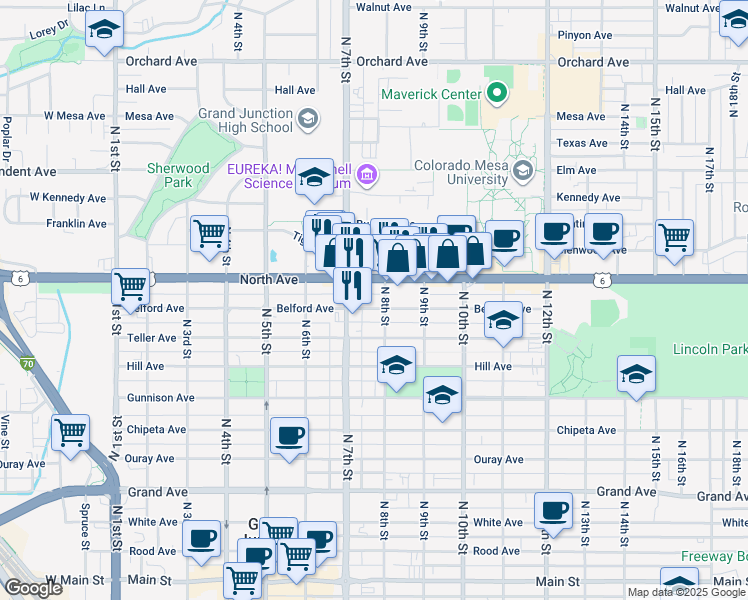 map of restaurants, bars, coffee shops, grocery stores, and more near 760 Belford Ave in Grand Junction