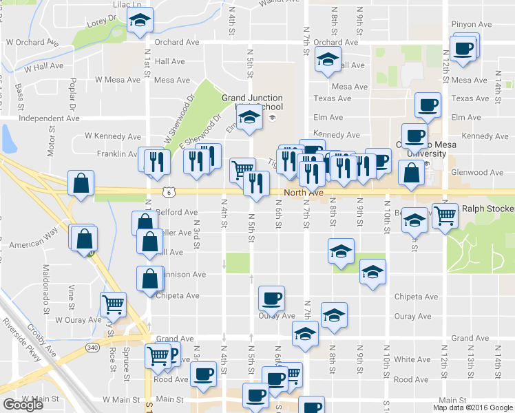 map of restaurants, bars, coffee shops, grocery stores, and more near 1014 North 5th Street in Grand Junction