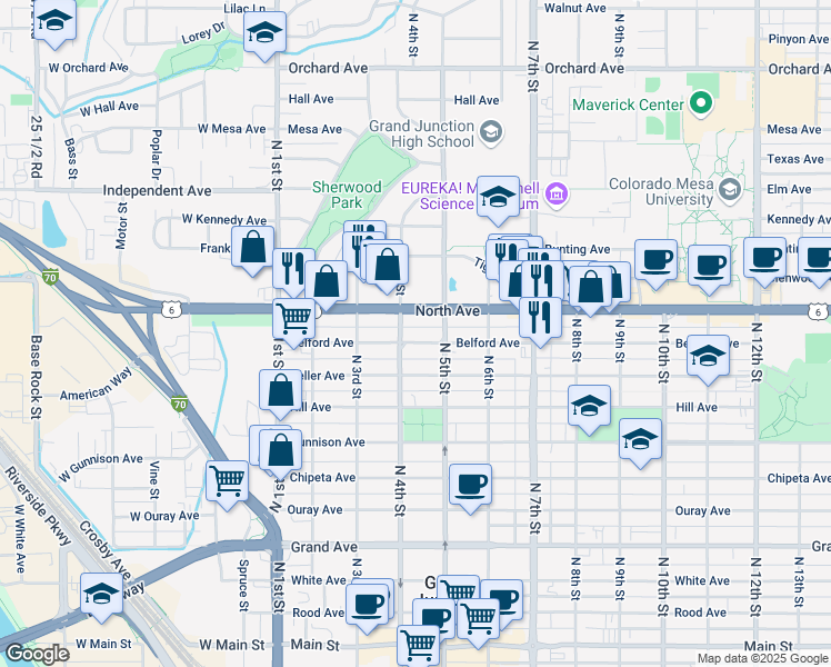 map of restaurants, bars, coffee shops, grocery stores, and more near 422 Belford Avenue in Grand Junction