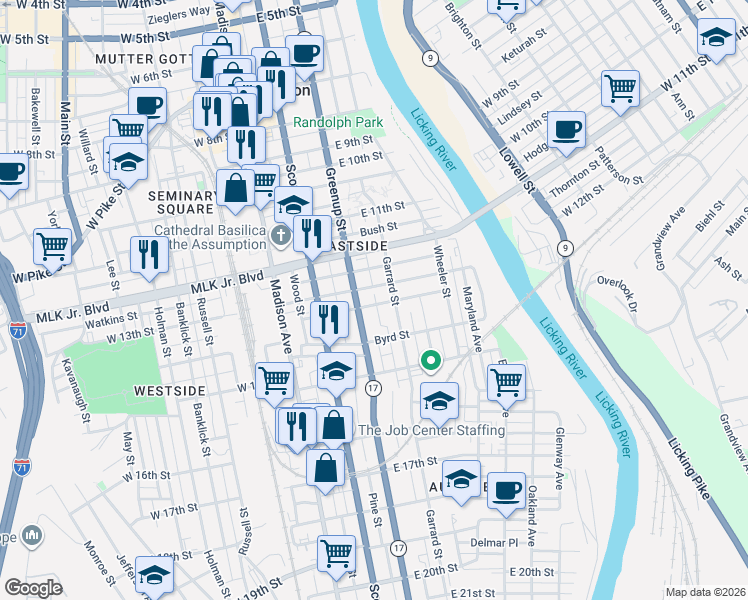 map of restaurants, bars, coffee shops, grocery stores, and more near 221 Pleasant Street in Covington