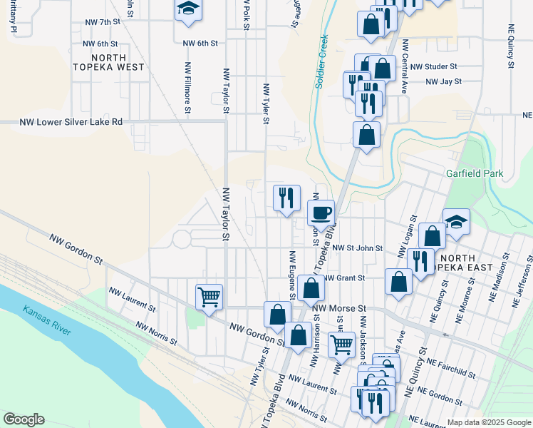 map of restaurants, bars, coffee shops, grocery stores, and more near 1500 Northwest Tyler Street in Topeka