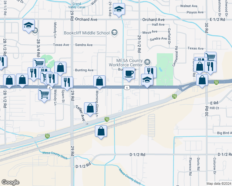 map of restaurants, bars, coffee shops, grocery stores, and more near 5 29 3/8 Road in Grand Junction