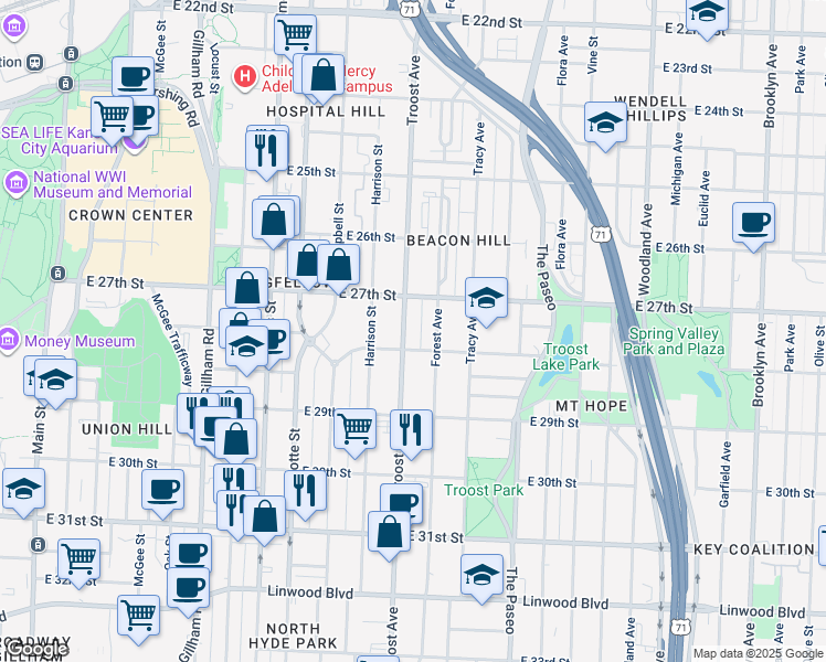 map of restaurants, bars, coffee shops, grocery stores, and more near 2735a Troost Avenue in Kansas City