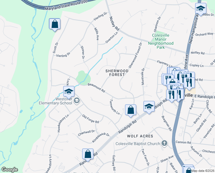 map of restaurants, bars, coffee shops, grocery stores, and more near 13405 Doncaster Lane in Silver Spring